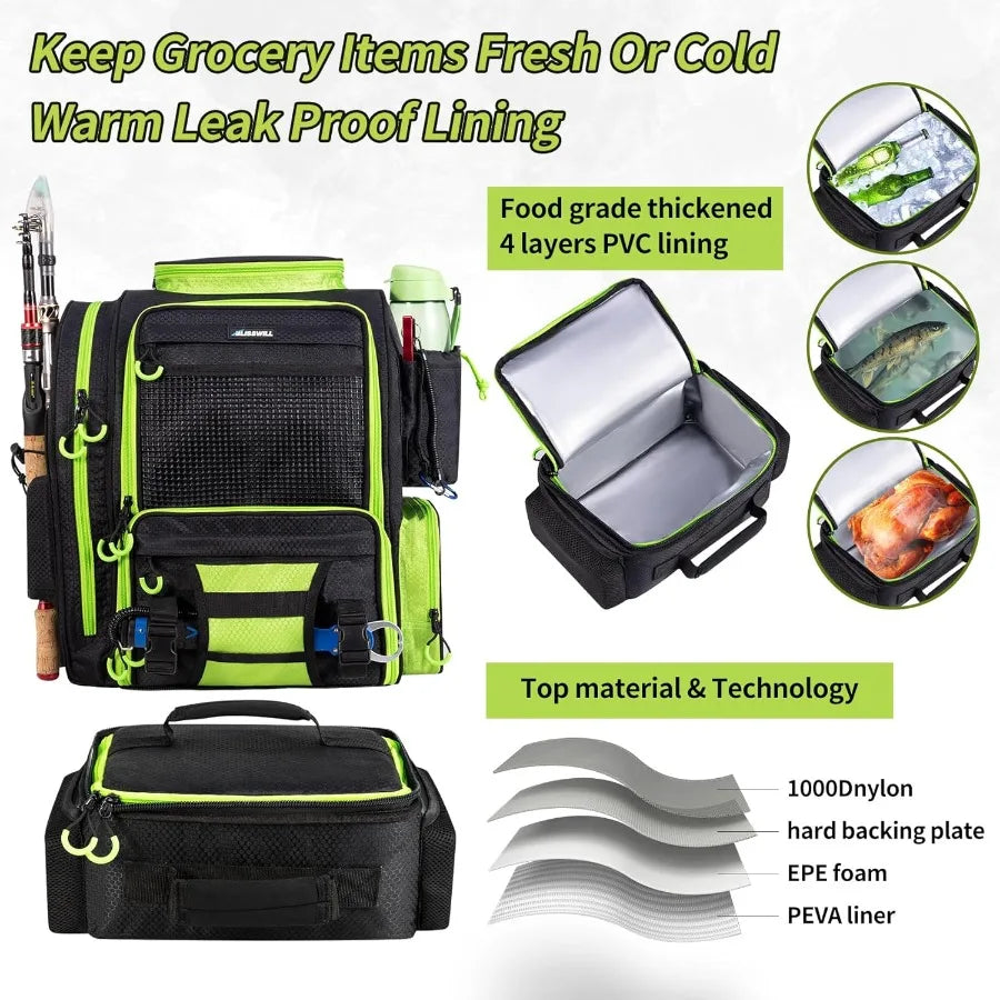 BLISSWILL Large Fishing Backpack with Cooler for 3 Tackle boxes Fishing Bag with Rod Holders Fishing Gear and Equipment for fis