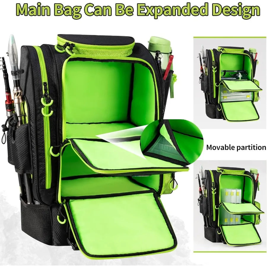BLISSWILL Large Fishing Backpack with Cooler for 3 Tackle boxes Fishing Bag with Rod Holders Fishing Gear and Equipment for fis