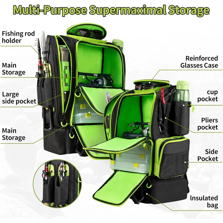 BLISSWILL Large Fishing Backpack with Cooler for 3 Tackle boxes Fishing Bag with Rod Holders Fishing Gear and Equipment for fis