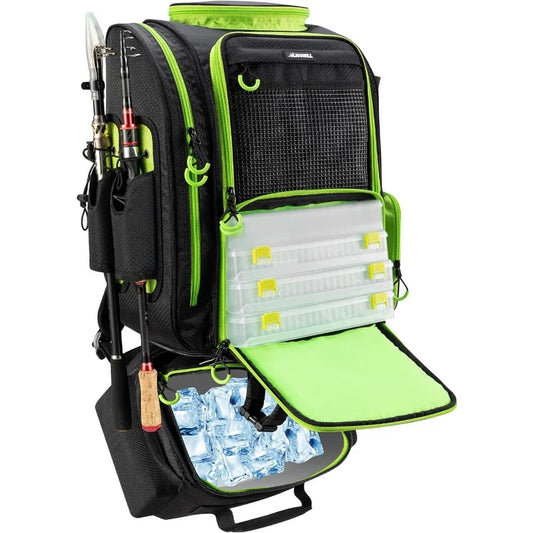 BLISSWILL Large Fishing Backpack with Cooler for 3 Tackle boxes Fishing Bag with Rod Holders Fishing Gear and Equipment for fis